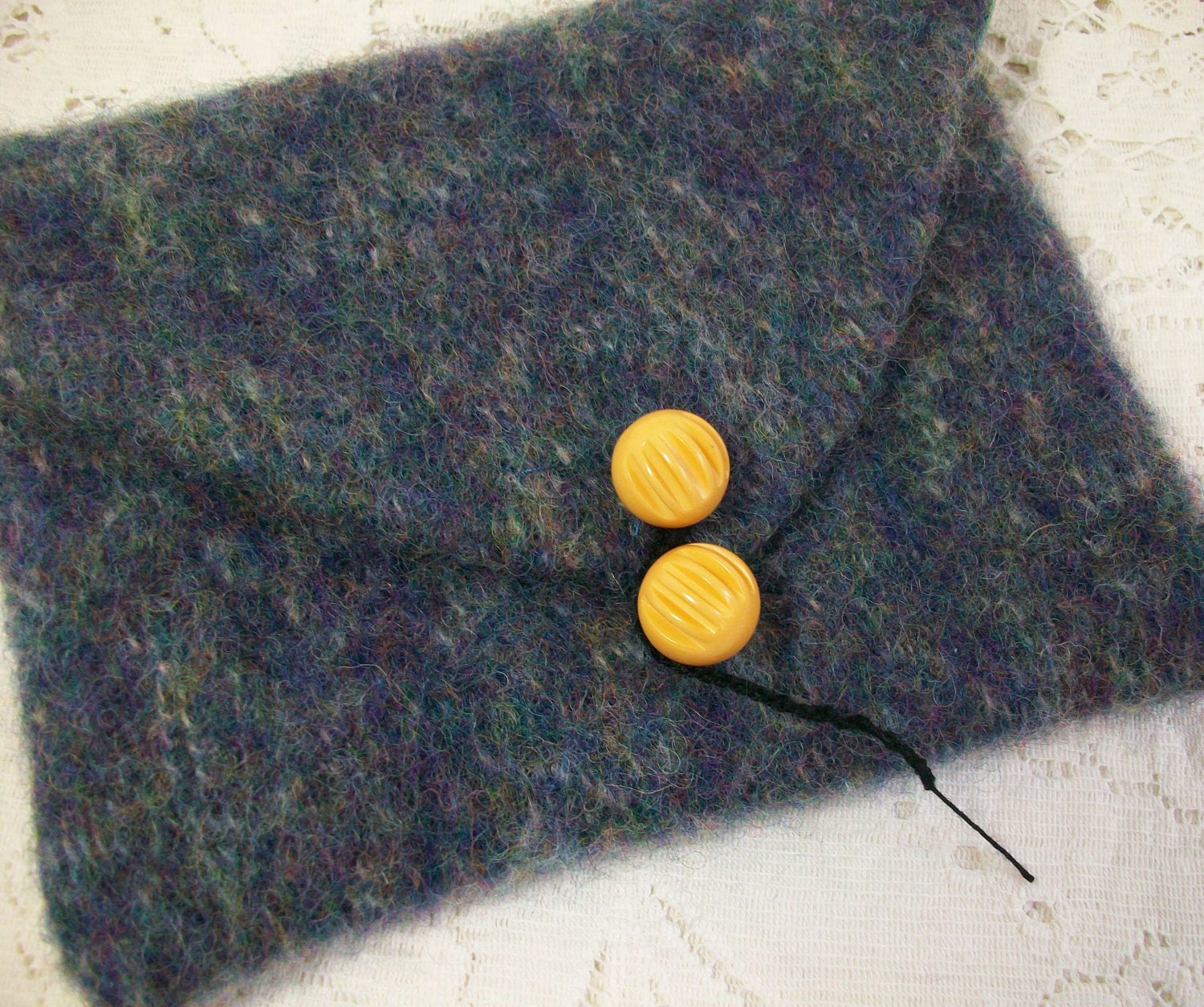 Re Purposed Felted Clutch Purse Slate Blue Silk Lining Inside Pocket Vintage Buttons