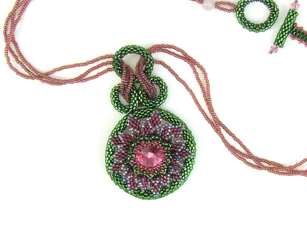 Beaded Necklace, Pendant, Swarovski Focal Flower Pendant Necklace, Pink, Purple, Green, Handmade