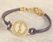 Kabbalah jewelry - gold coin on Berry Purple leather - Micro Macrame - Judaica - gold bracelet- leather bracelet