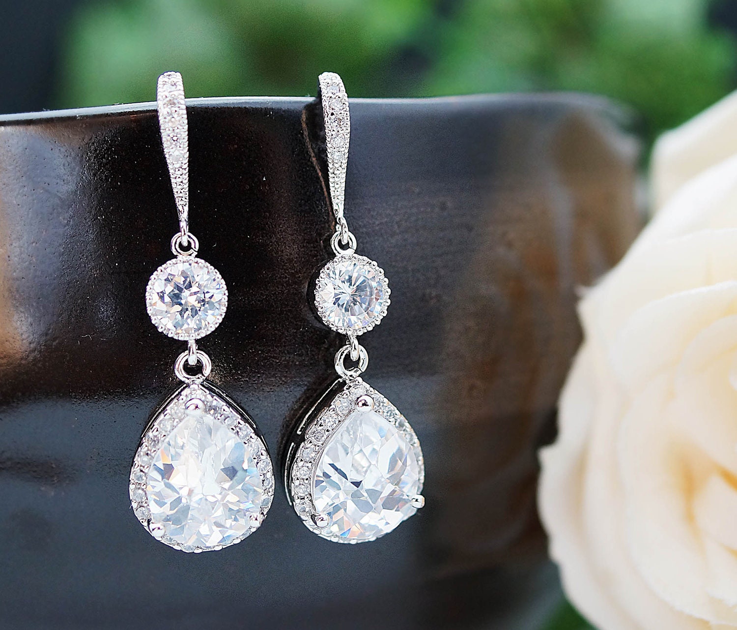 Wedding Jewelry Bridal Jewelry Bridal Earrings cubic zirconia connectors and clear white (LUX) cubic zirconia Crystal tear drops