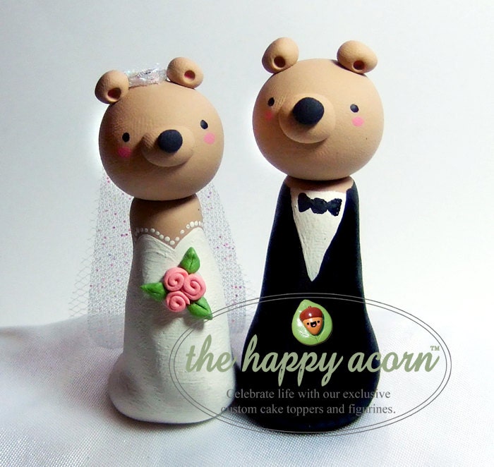 Wedding Cake Topper TEDDY BEARS Woodland - Kawaii Animal Bride and Groom Figurine Couple - Handmade by The Happy Acorn
