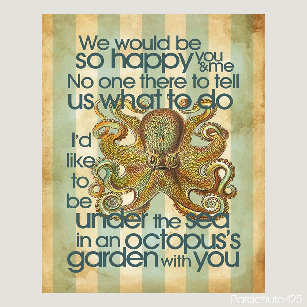 Octopus's Garden, 8x10 digital print, summer, sea, squid, beach home decor, typography