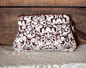 Cotton Pleated wristlet clutch pouch/ bags and purses Damask Brown/ Ivory--READY TO SHIP--