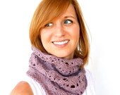 Purple Cashmere Cowl Irene Lace African Violet Lavender Tube Scarf Hand Knit Merino Wool