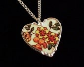 Broken china jewelry heart pendant necklace antique Royal Doulton floral china