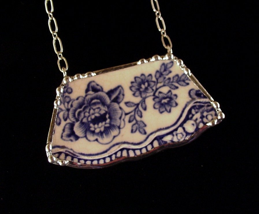 Blue Transferware Floral Toile Broken China Jewelry Necklace made from an antique broken plate