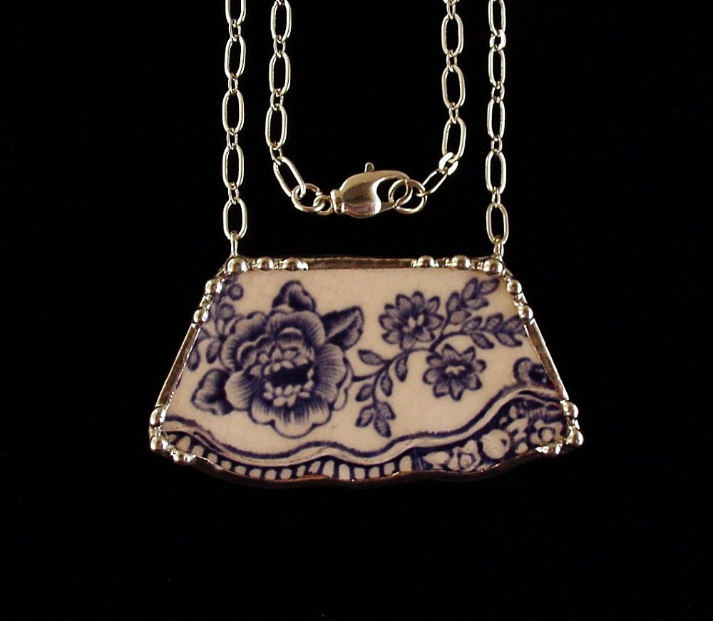 Blue Transferware Floral Toile Broken China Jewelry Necklace made from an antique broken plate