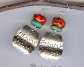 Sterling Silver Earrings w- Turquoise & Red Coral, Southwest Jewelry,  Rustic Modern Tribal Earrings, Red Coral Jewelry