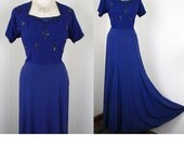 1930s 1940s Dress - Vintage 30s 40s Dress Cobalt Blue Beaded Evening Prom Party Wedding Gown M - Fall into Grace