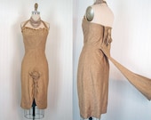 1950s Dress - Vintage 50s 60s Dress Gold Lurex Halter Cocktail Party Burlesque w Train S - Glitter Gulch