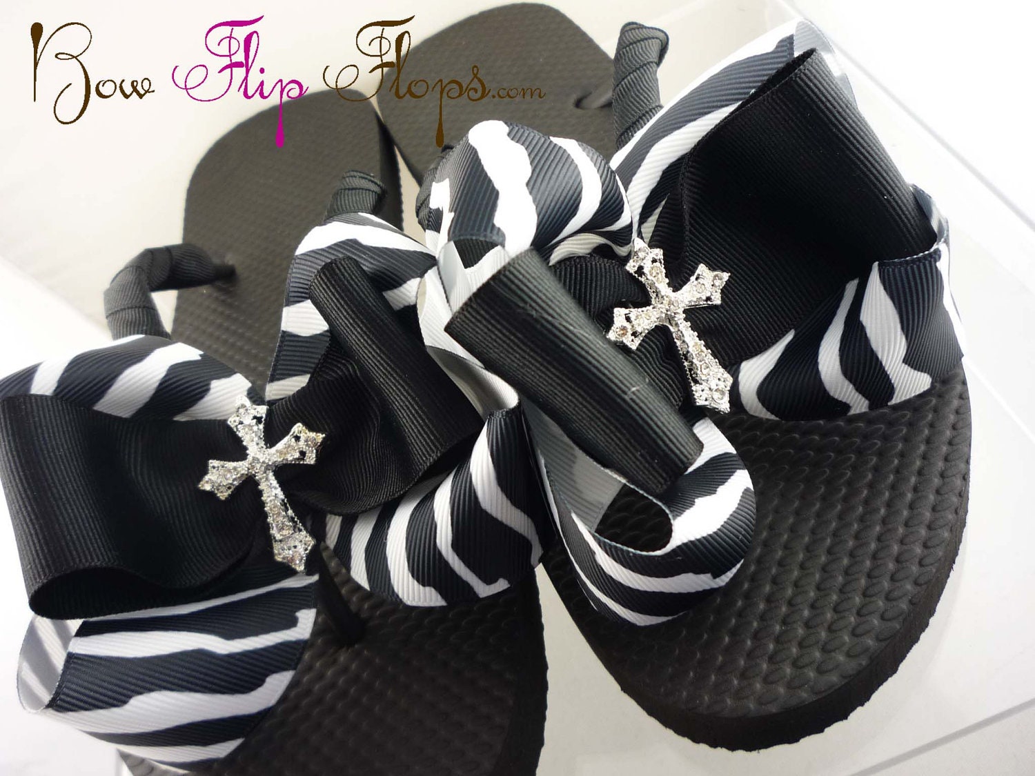Rhinestone Flip Flops Cross  Bling Custom Zebra Boutique Ribbon Flip Flops choose your ribbon colors