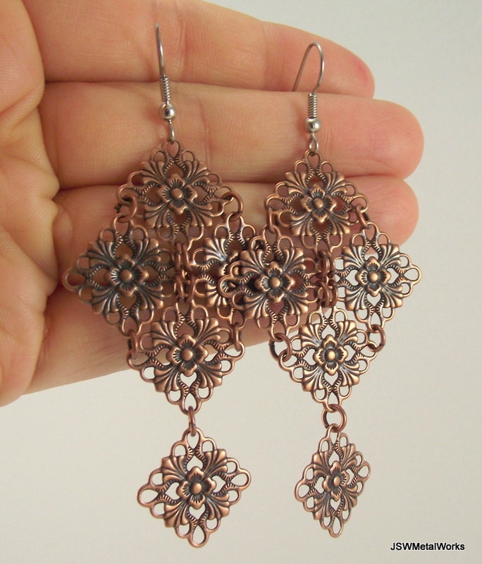 Medium Antiqued Copper Chandelier Earrings, Copper Earrings