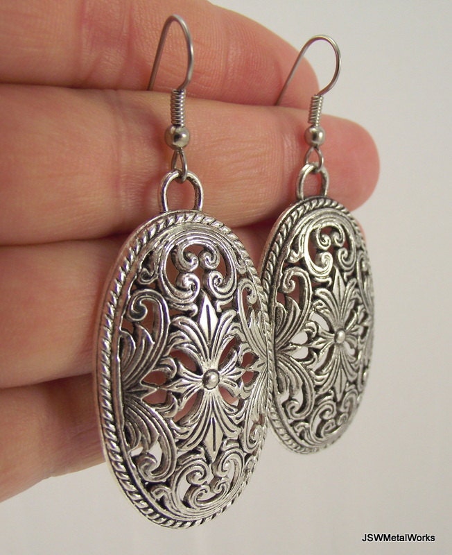 Decorative Antiqued Silver Oval Earrings, Silver Earrings
