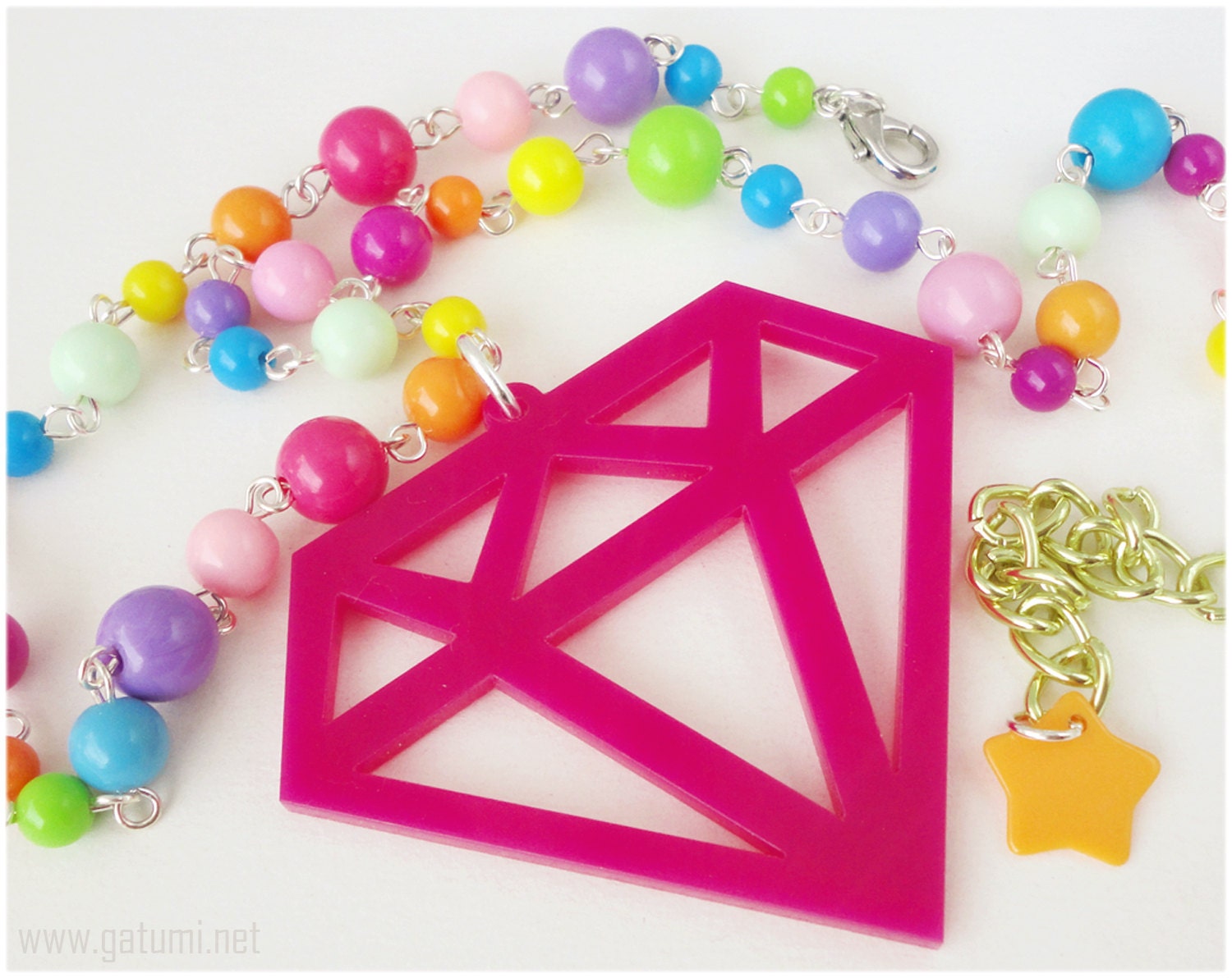 Huge Pink Diamond Necklace, Acrylic Pendant on Colorful Beaded Chain in Silver - Oshare Kei, 90s