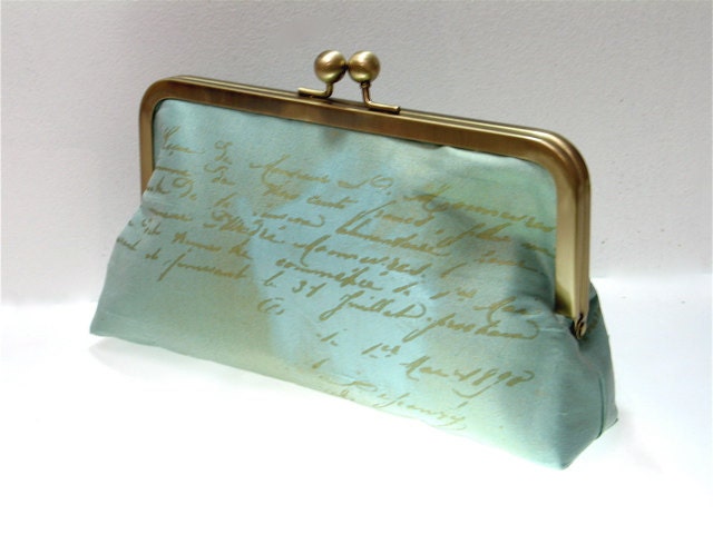 Light Blue Silk Clutch Purse with Gold Antique French Script