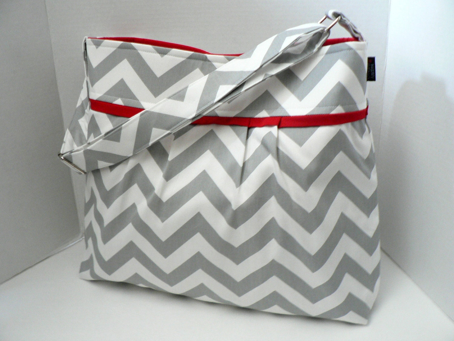 The Monterey Diaper Bag Large - In Grey Chevron and Red - Adjustable Strap and Elastic Pockets