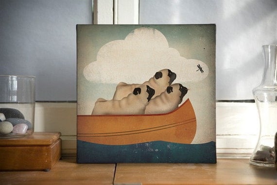 THREE PUG Canoe Ride 12x12x1.5 Gallery Wrapped Canvas Wall Art - Ready-to-Hang Canvas SIGNED