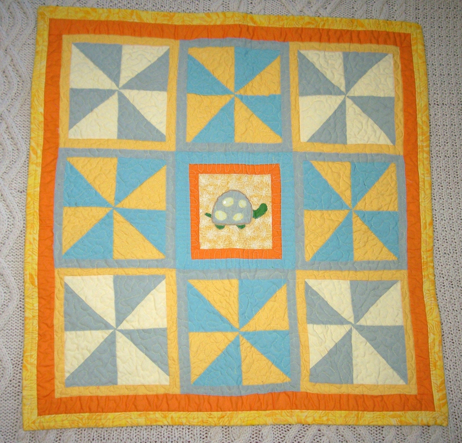 Turtle Pastel Baby Quilt for Boys or Girls - Yellow Orange Seafoam Pinwheel Unisex Baby Patchwork Quilt
