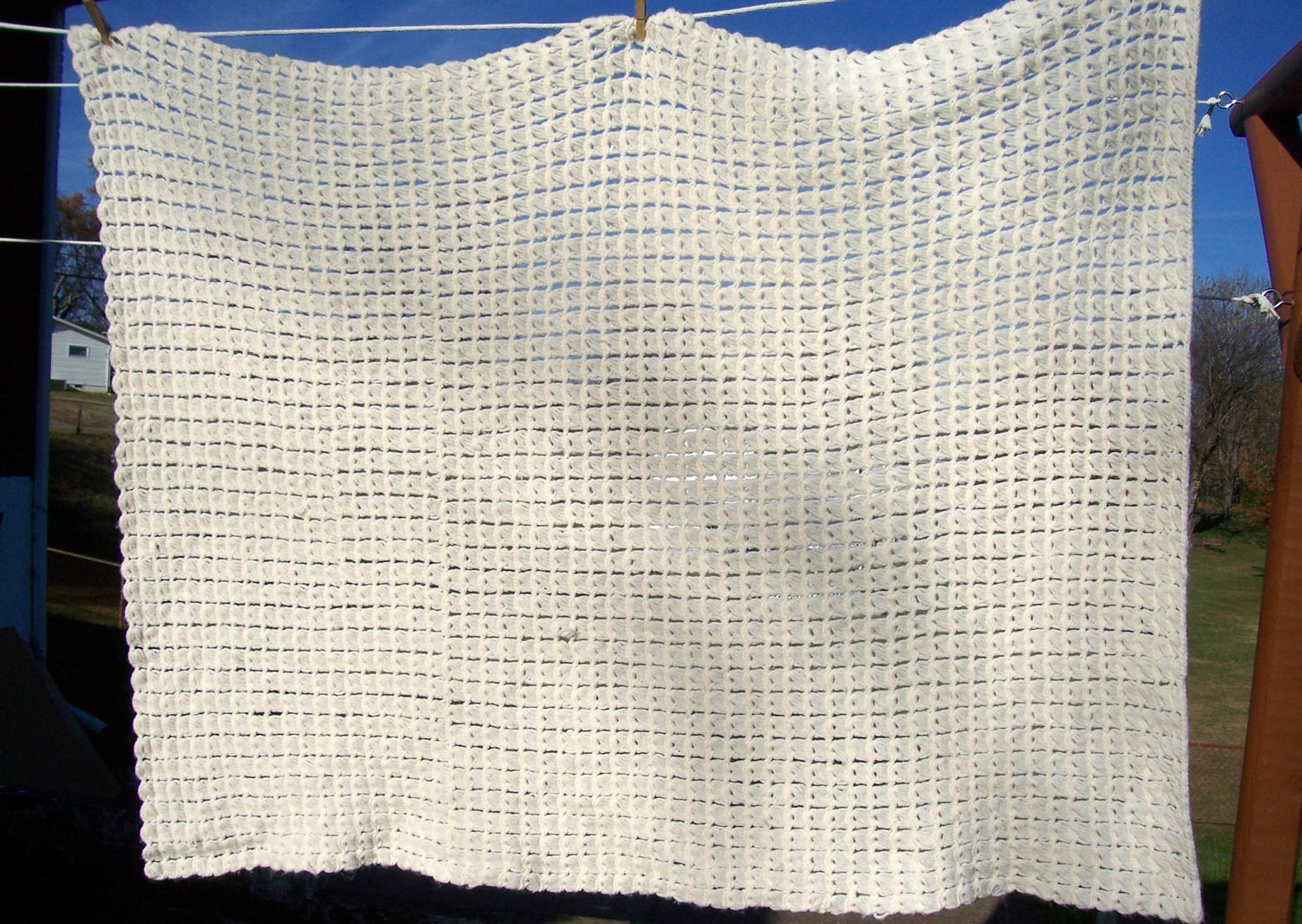 Vintage Throw Size Afghan Throw Blanket in Ivory - Simple Blanket White Cream Afghan Crochet Free USA Shipping