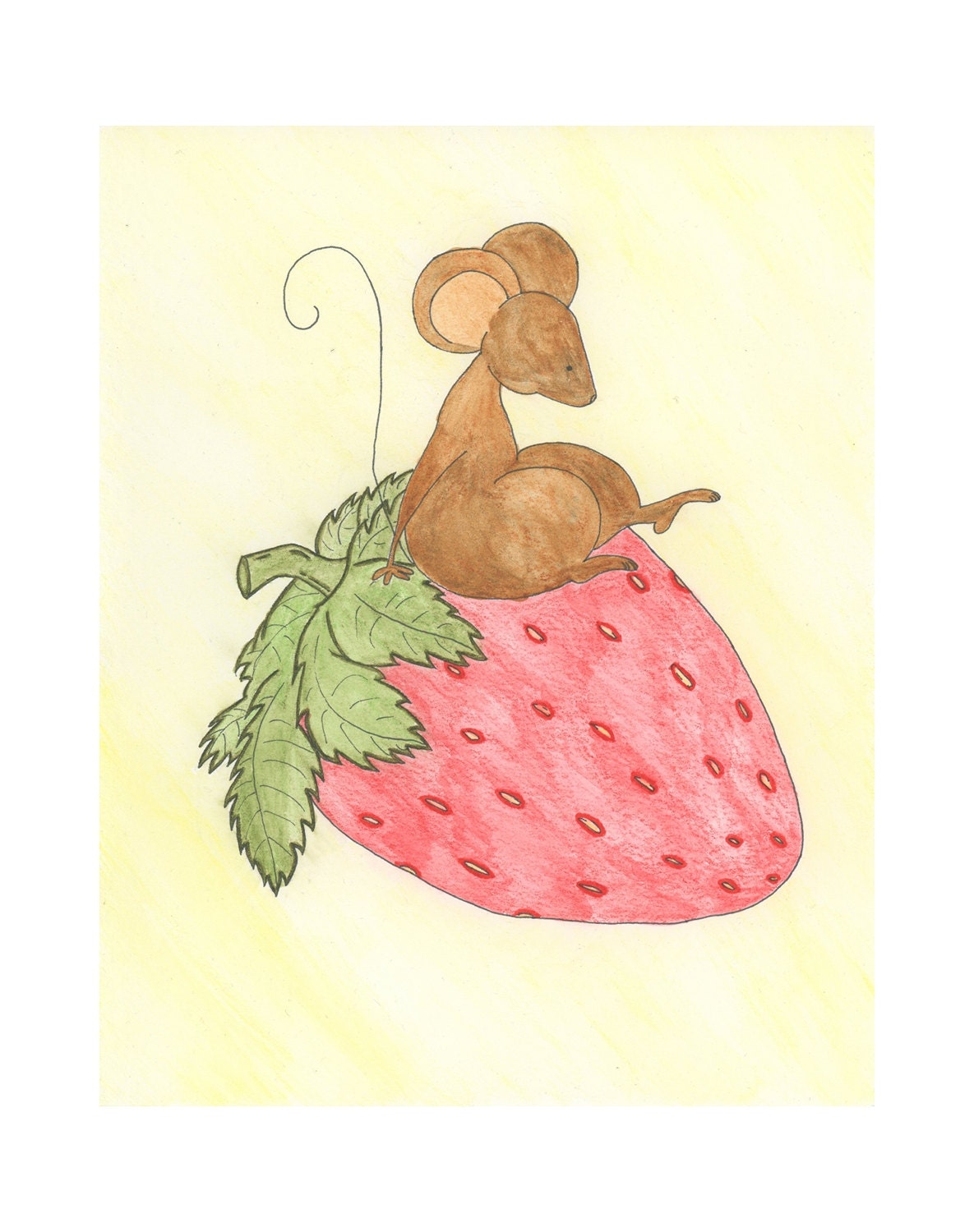 Original Painting, Mouse On A Strawberry, 8x10 Children Art