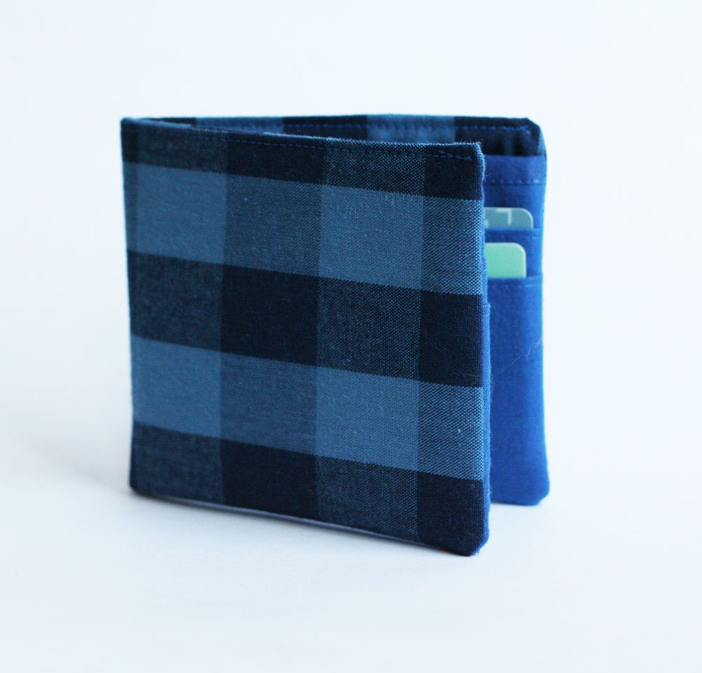 Mens wallet, Wallet, Billfold, Large Blue Plaid, Handmade by Knotted Nest