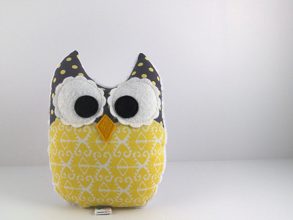 Plush Owl Mini Pillow Ikat Minky Softie Stuffed Toy Yellow Grey White