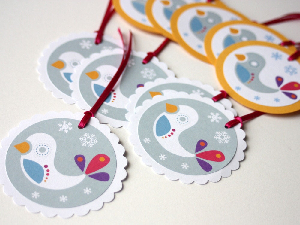 Winter Snow Birds Deluxe Gift Tags - set of 10 - original contemporary design in golden yellow, soft grey, winter white