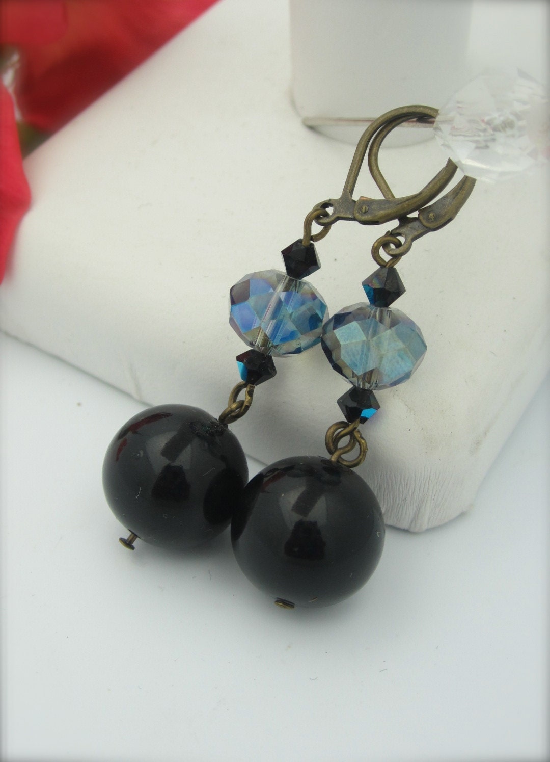 BLACK CURRANT - Beautiful Black Glass Beads And  Iridescent Blue  Crystals Creates A Gorgeous Drop Earring