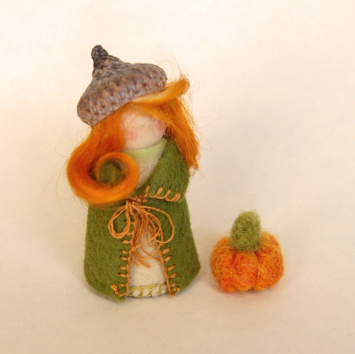 Autumn Sprite Gnome- Orange and Green - Waldorf Inspired - Pumpkin Included - gingerlittle