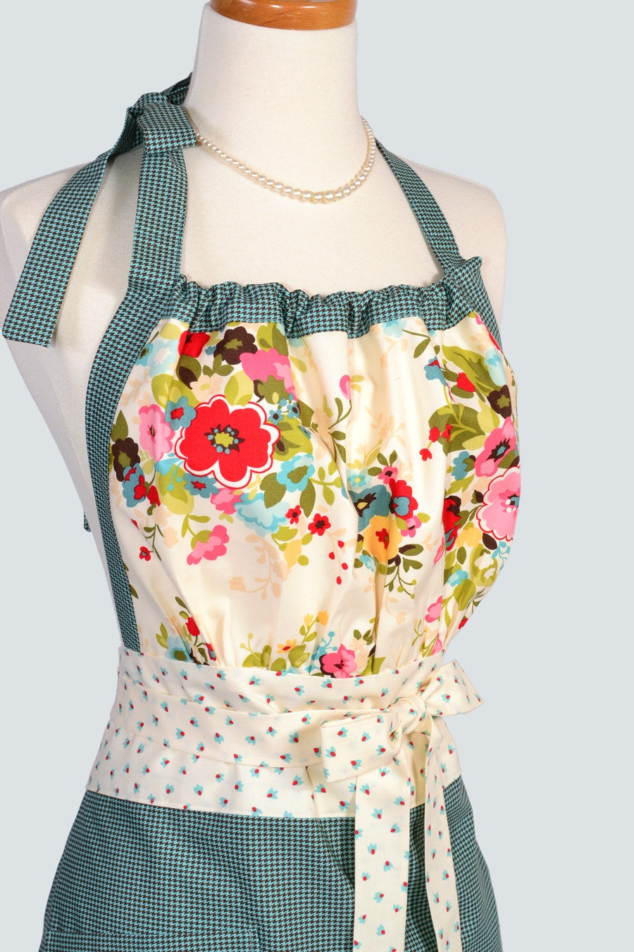 Cute Kitsch Retro Apron / Retro Womens Apron in Moda Sophie Turquoise Brown Houndstooth and Creamy Florals Full Length