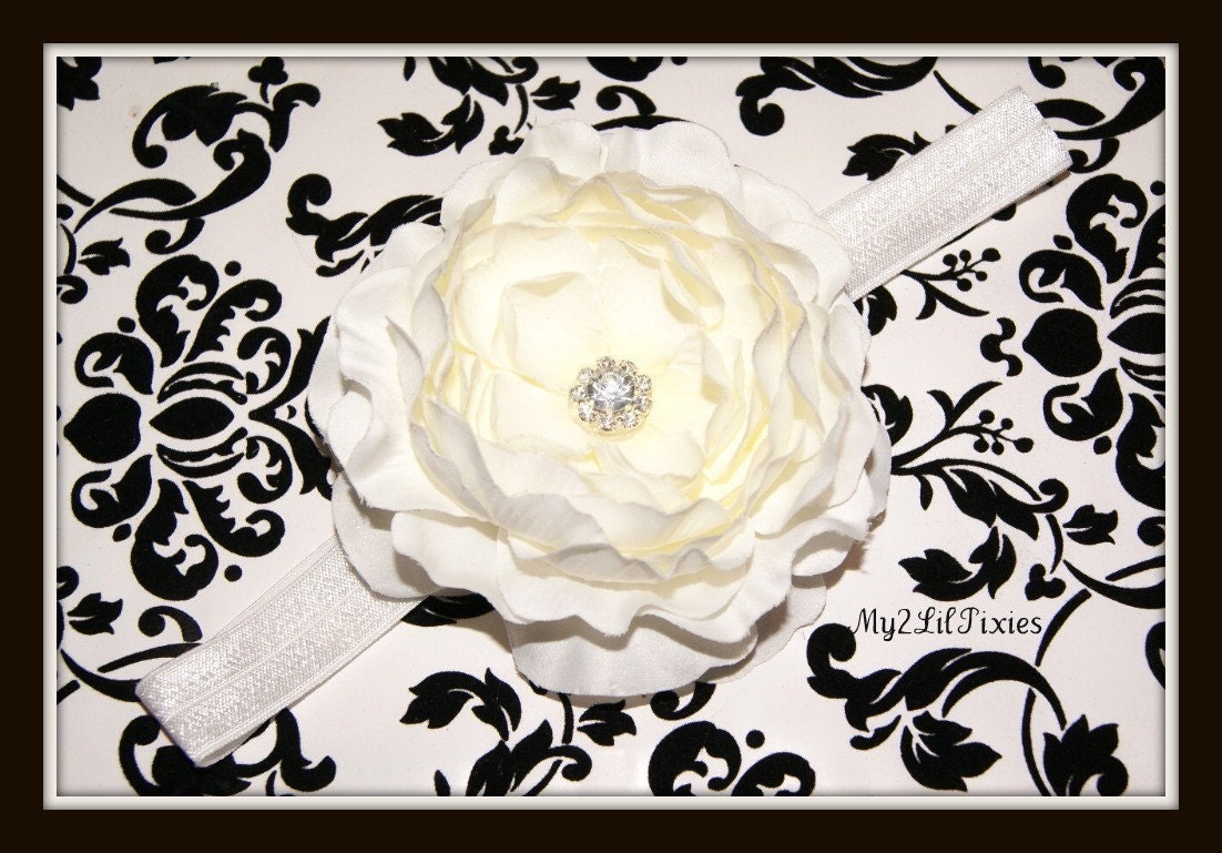 Ivory Silk Rhinestone Center flower With interchangeable Nylon soft Headband - Fits Babies and Toddlers