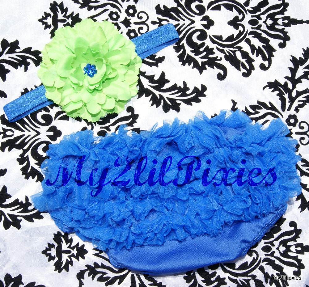 Photo Prop Set- Lime Green and Blue Chiffon Ruffle Bum Baby Bloomers and Baby Headband a Set- Choose your Size - Photo Prop- MY2LILPIXIES