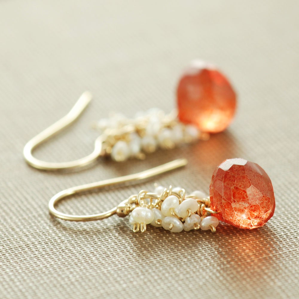 Orange Stone Pearl Dangle Earrings, Gold Cluster Earrings, Pumpkin Orange, aubepine