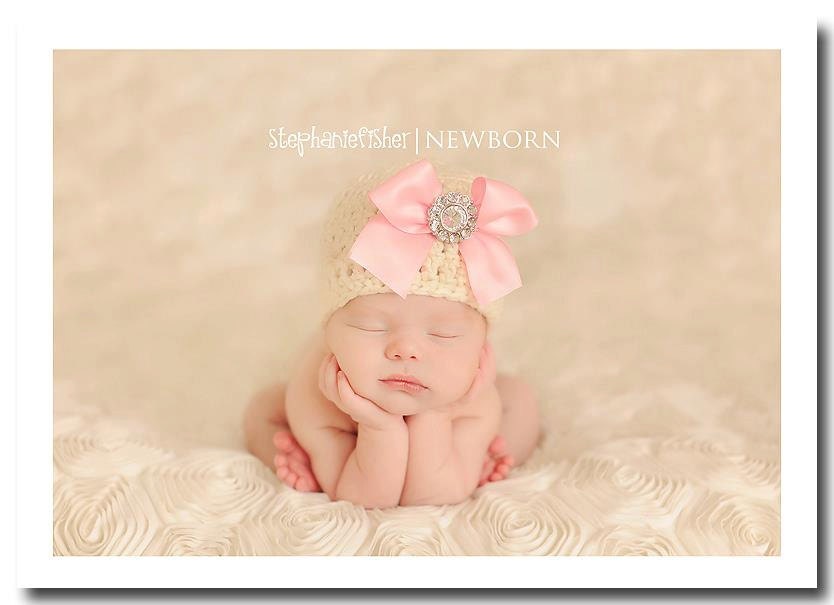 20% OFF SALE - Organic Cotton Beanie Hat - Ivory with Light Pink Satin Bow and Rhinestone - Fancy Newborn Photo Prop