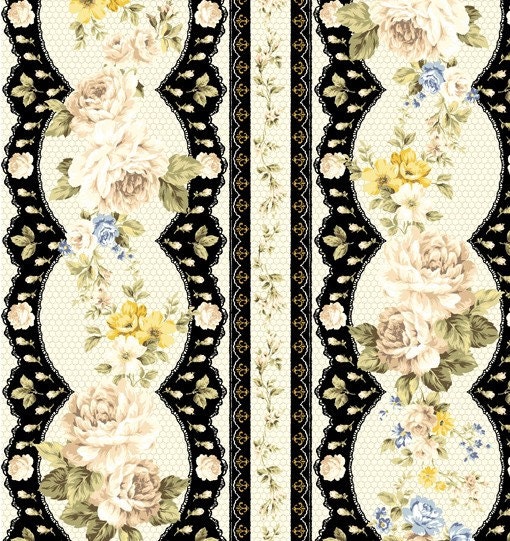 Kilala Antique Roses QMS30752-15f cotton Fabric by  QH Textiles  White and yellow roses with black