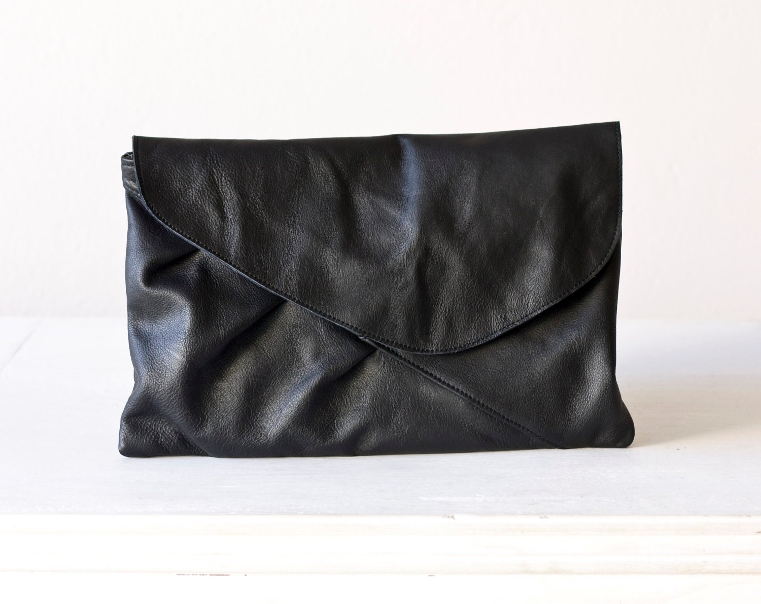 Black leather envelope clutch, purse clutch