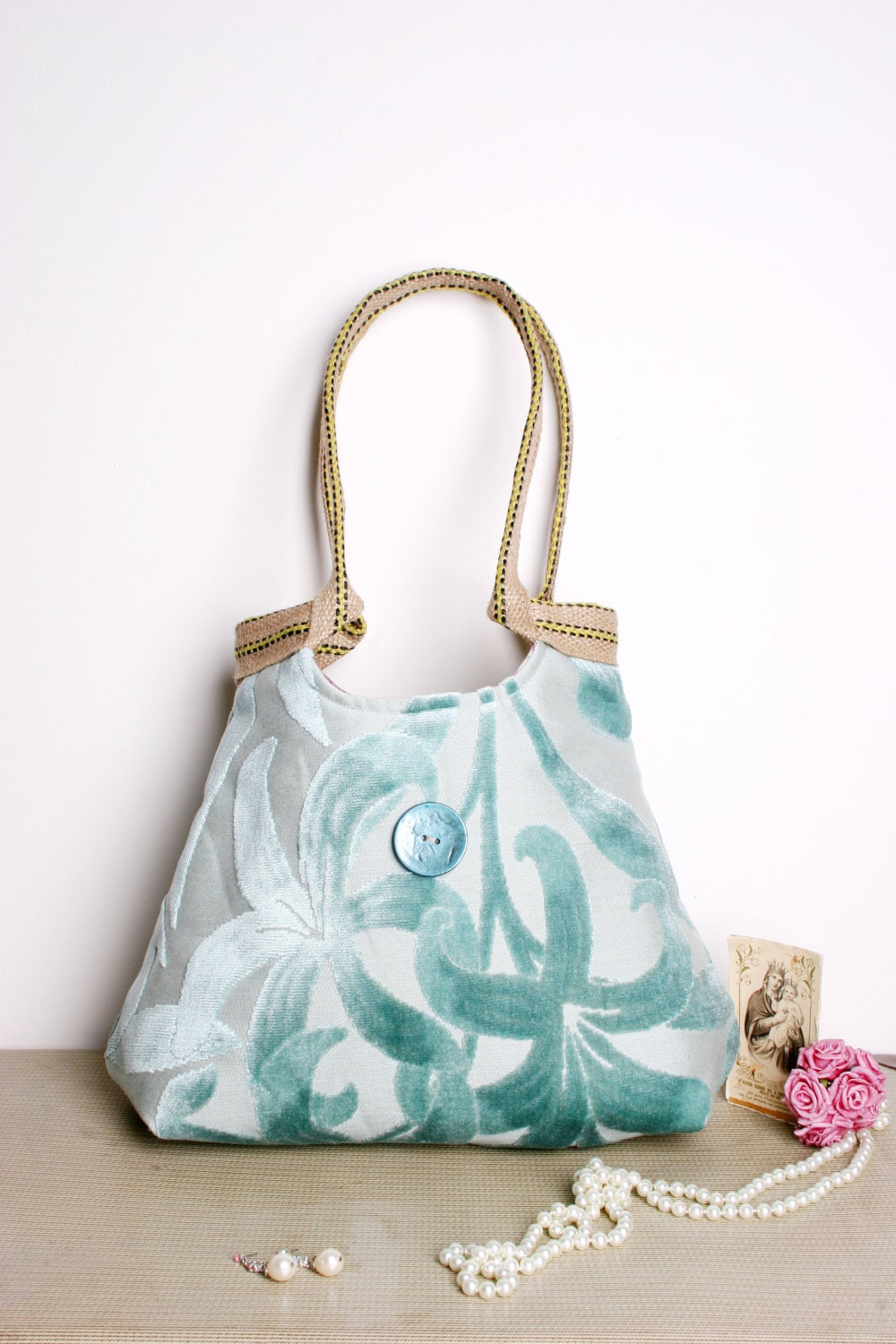 Purse / Hand Bag/ Mint tapestry hobo bag with burlap  HIGH FASHION 2013