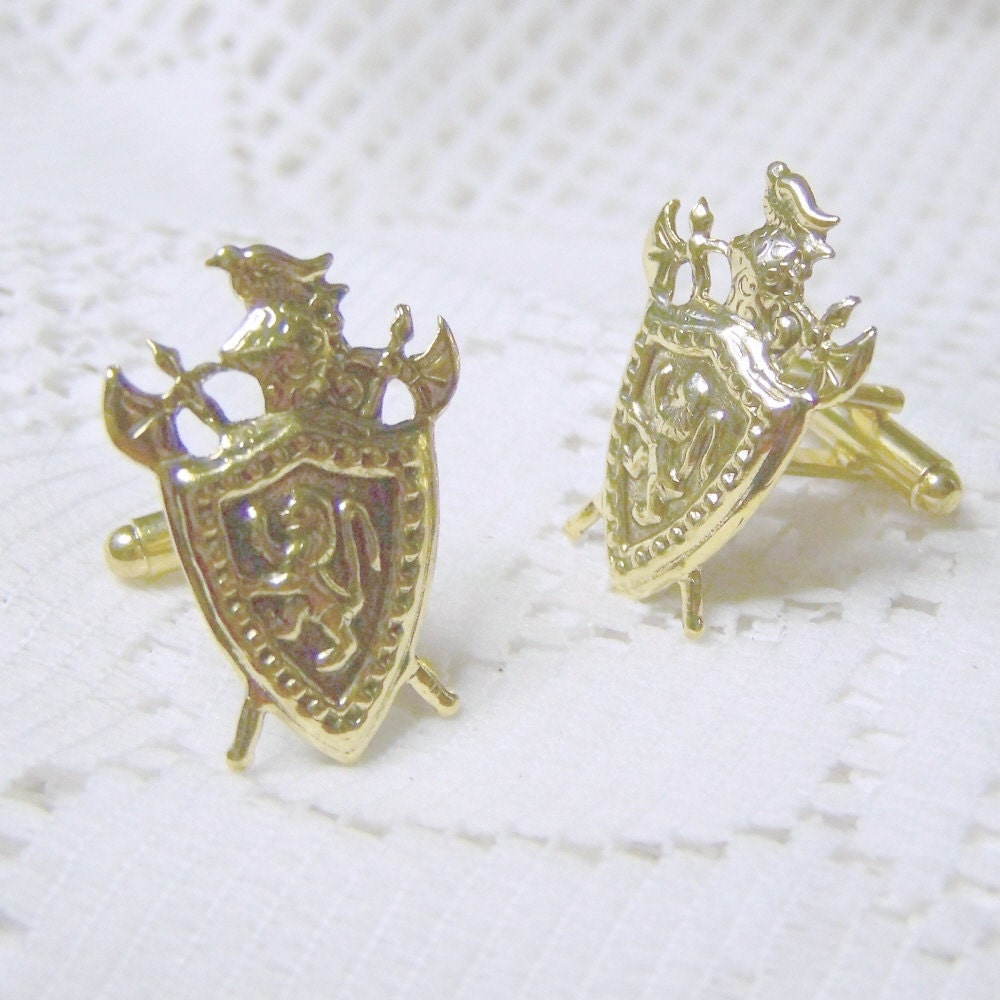 Lion Rampant - Gold Armor Shield Cuff Links - Medieval Knight - Scotland - Coat of Arms - Royal Crest - Renaissance Armour