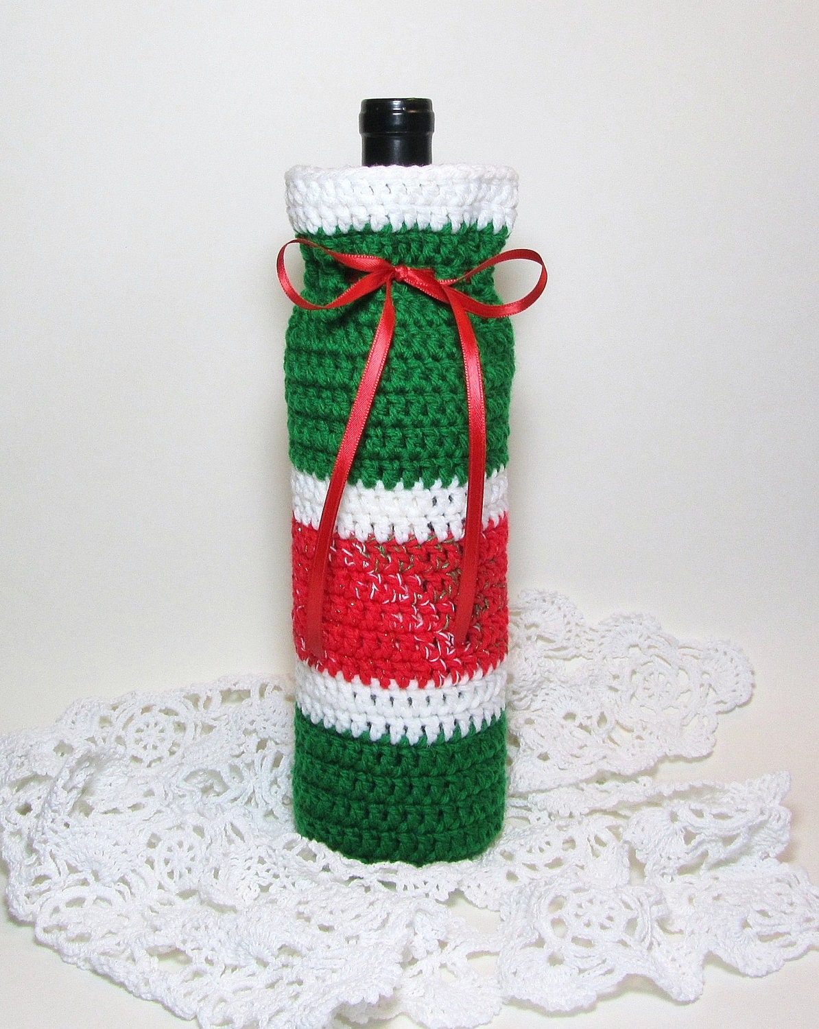 Crochet Wine Cozy Bottle Gift Bag Christmas Holiday Champagne Cozee Hostess Gift Red Green White Stripes Satin Ribbon Handmade by Lilena
