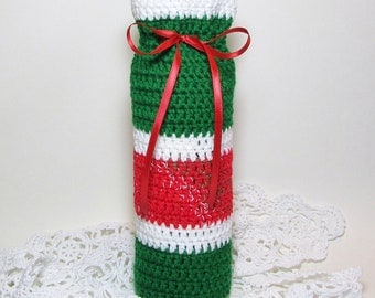 Crochet Wine Cozy Bottle Gift Bag Christmas Holiday Champagne Cozee Hostess Gift Red Green White Stripes Satin Ribbon Handmade by Lilena