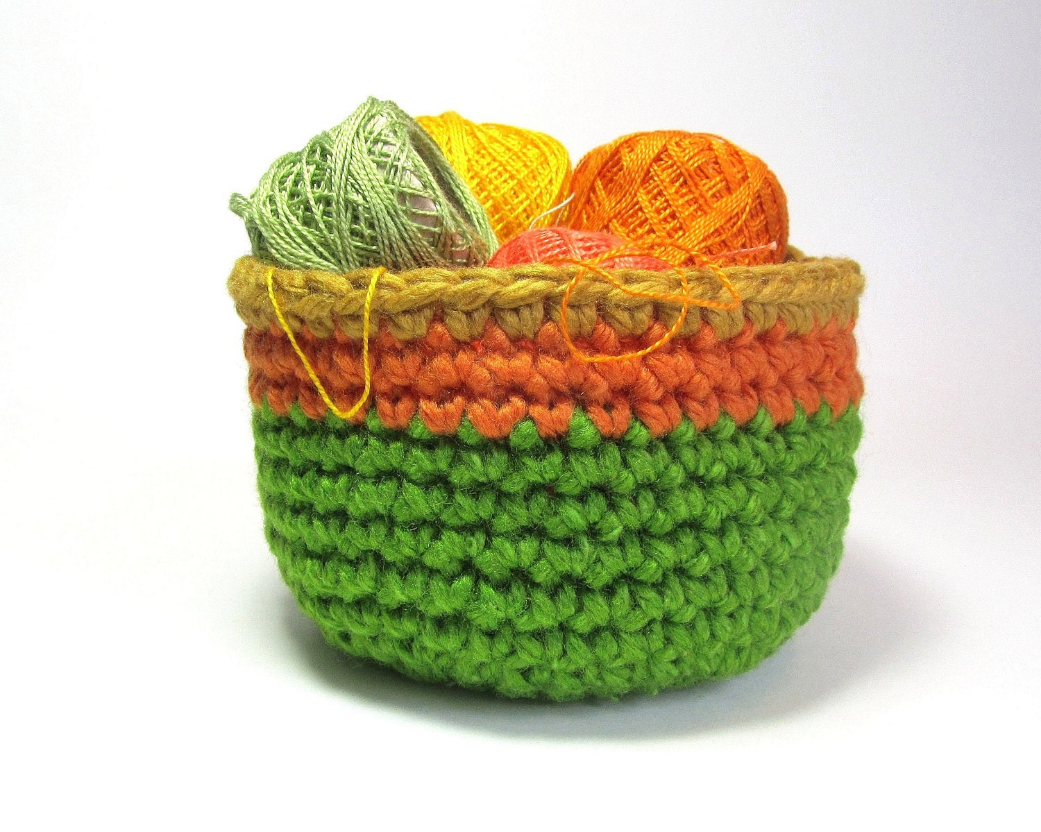 Rug Yarn Basket Fiber Pot Storage Bowl Grass Green Pumpkin Orange Striped Organizer Honey Edging Round Container Crochet by Lilena
