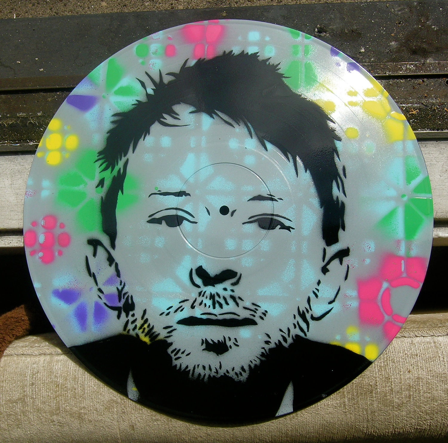 Thom Yorke of Radiohead Spray-Painted on Record (Vinyl) BUY any 3 RECORDS get a 4th FREE