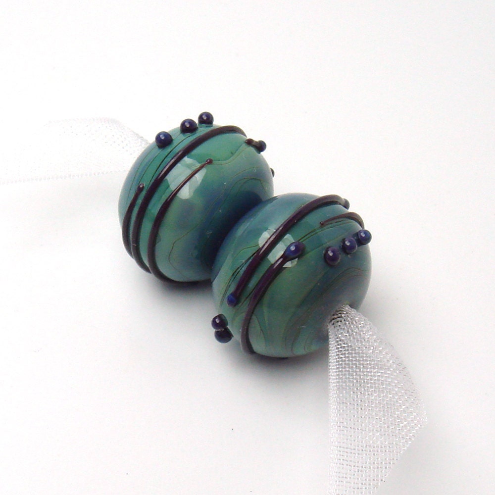 Handmade Lampwork beads  -  Dreamy Greeny with Black Trails  -  sage green, blueish green, earring pair, square disk, glass beads