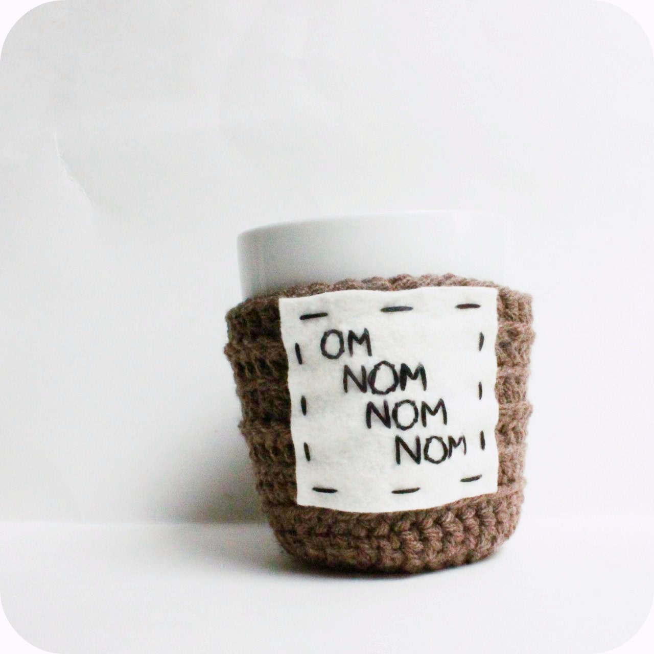 Coffee Mug Tea Cup Cozy Om Nom brown crochet handmade cover