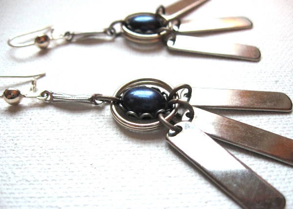 Navy Blue and Silver Fringe Dangle Earrings