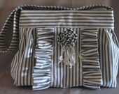 Ruffled, Navy Ticking, Tote Purse, Fabric Rose Pin