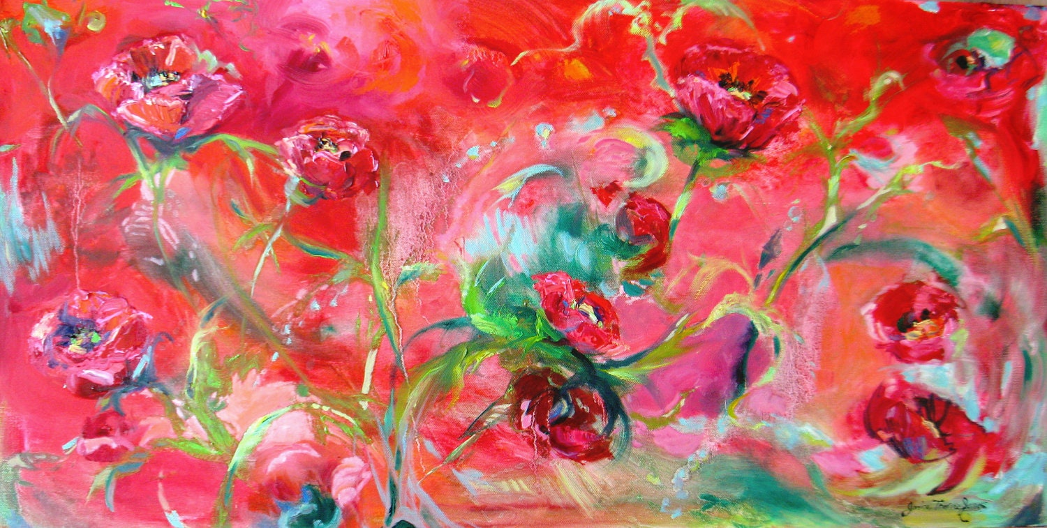 Large custom canvas Contemporary modern flower poppy abstract Original Oil landscape floral Painting  floral fine art 15 x 30 - JaniceTraneJones