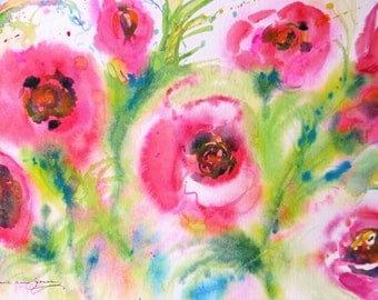 large abstract poppy original watercolor painting flower garden landscape contemporary fine art 18 x 24 frame ready