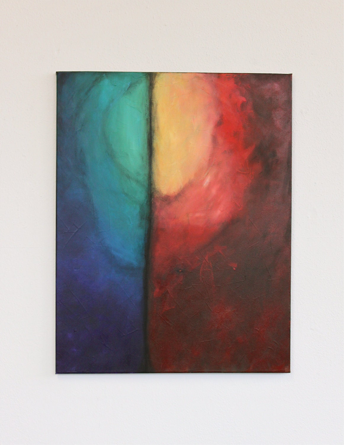rainbow modern abstract original painting  mid century red yellow circles