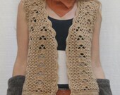 Vintage 70s Hand Knit Lace Hippie Sweater Vest in Natural Tan Size Medium to Large